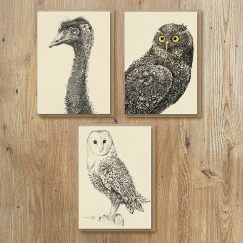 Greeting Cards – Emu & Owls (Set of 6)