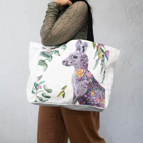 Large Organic Cotton Canvas Tote Bag – Grey Kangaroo Portrait