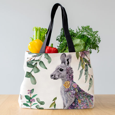 Large Organic Cotton Canvas Tote Bag – Grey Kangaroo Portrait